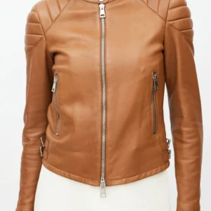 Maggie Q Ballard Brown Quilted Leather Jacket Front