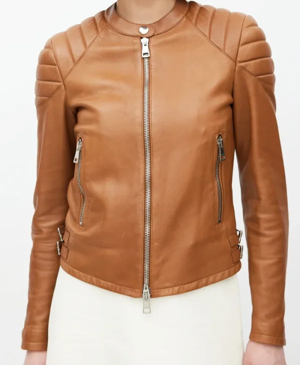 Maggie Q Ballard Brown Quilted Leather Jacket Front