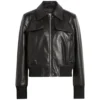 Mary Gun Flap Style Black Leather Bomber Jacket