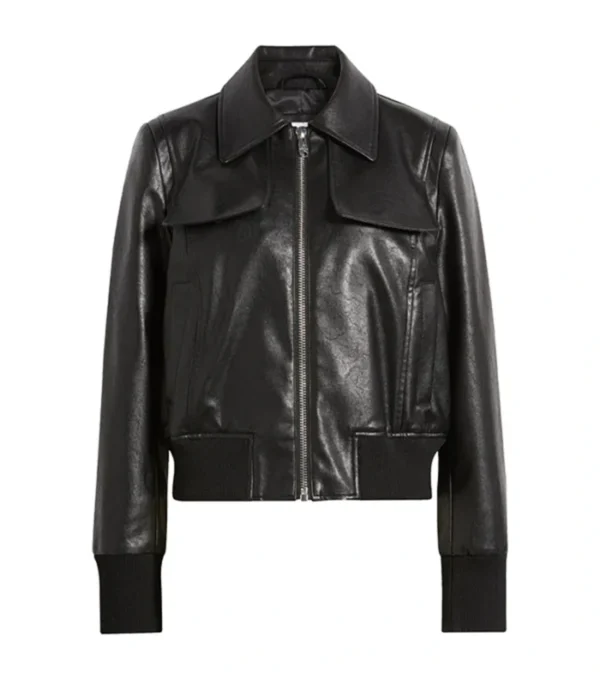 Mary Gun Flap Style Black Leather Bomber Jacket
