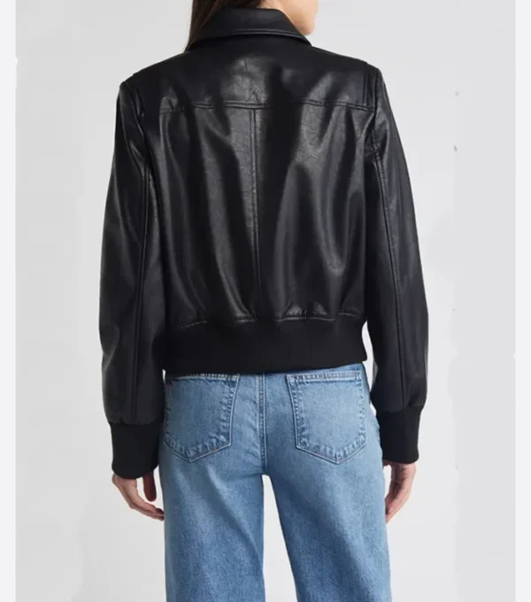 Mary Gun Flap Style Black Leather Bomber Jacket Back