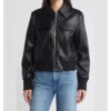 Mary Gun Flap Style Black Leather Bomber Jacket Front