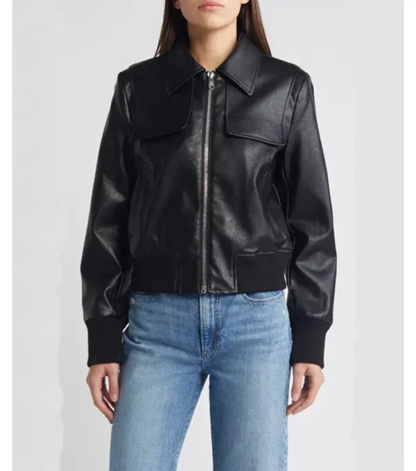 Mary Gun Flap Style Black Leather Bomber Jacket Front