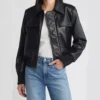 Mary Gun Flap Style Black Leather Bomber Jacket Open Front