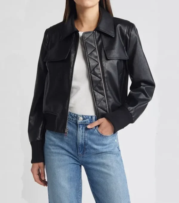 Mary Gun Flap Style Black Leather Bomber Jacket Open Front
