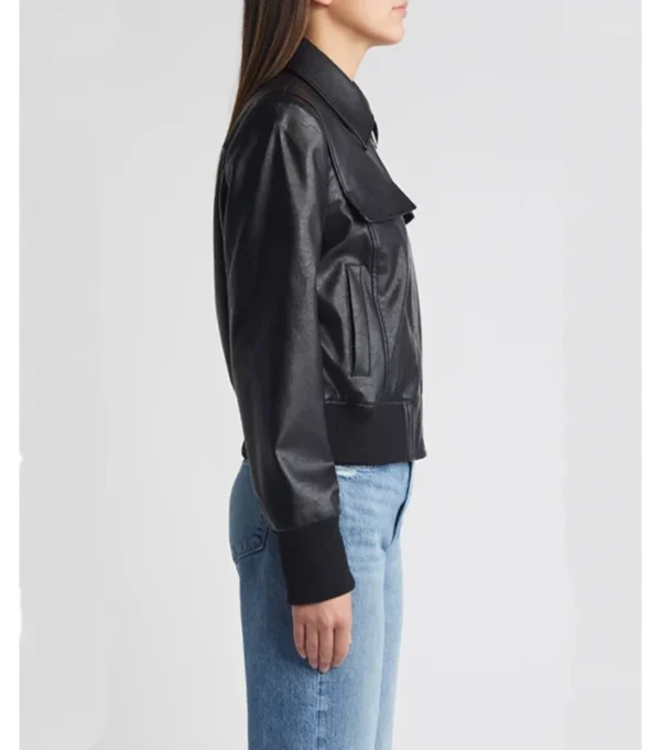 Mary Gun Flap Style Black Leather Bomber Jacket Side View