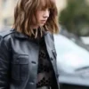Maya Hawke Stranger Things Black Leather Coat front