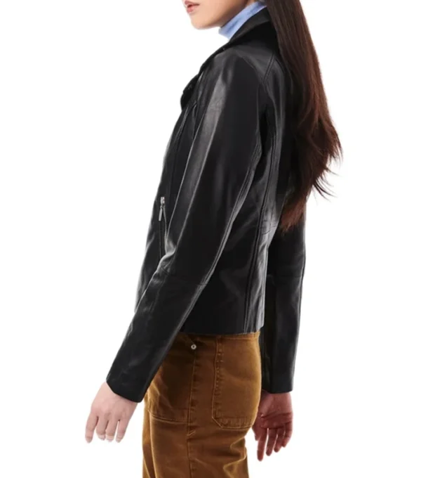 Maylea Classic Black Biker Leather Jacket Side View