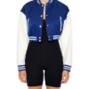 Megan Cropped Blue Satin Lettermen Varsity Jacket