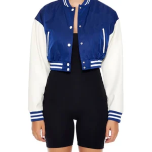Megan Cropped Blue Satin Lettermen Varsity Jacket