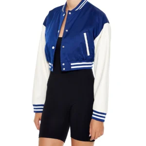 Megan Cropped Blue Satin Lettermen Varsity Jacket Side View