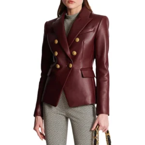 Mia Double Breasted Leather Maroon Blazer