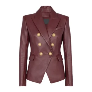 Mia Double Breasted Leather Maroon Blazer Front