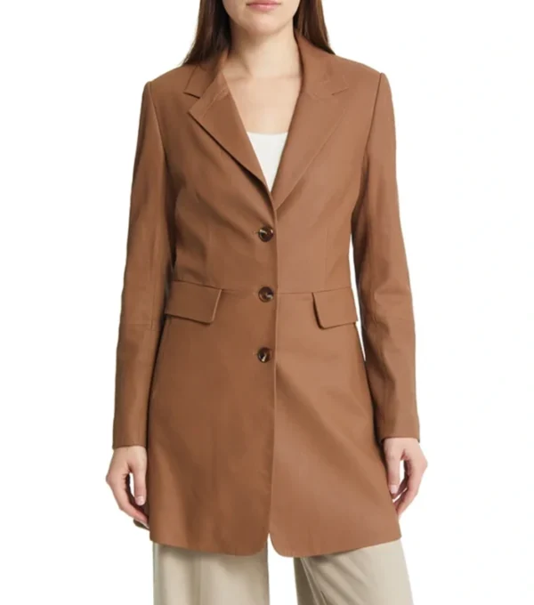 Michelle Brown Plain Leather Tan Brown Coat