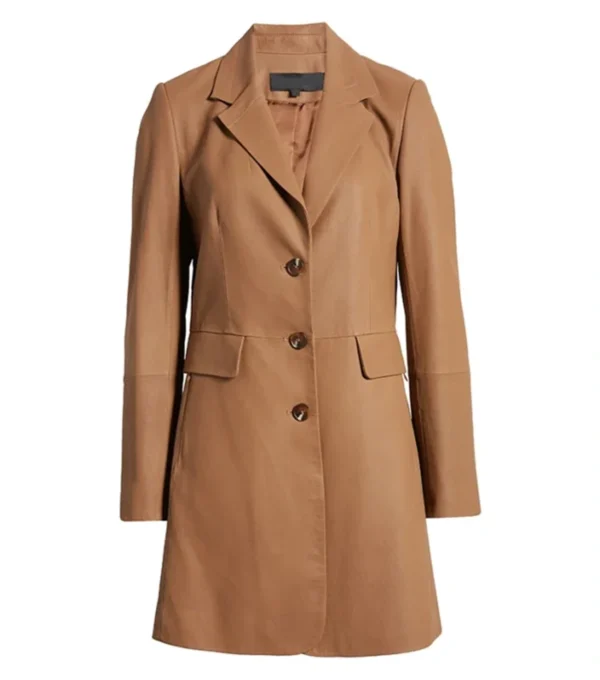 Michelle Brown Plain Leather Tan Brown Coat Front