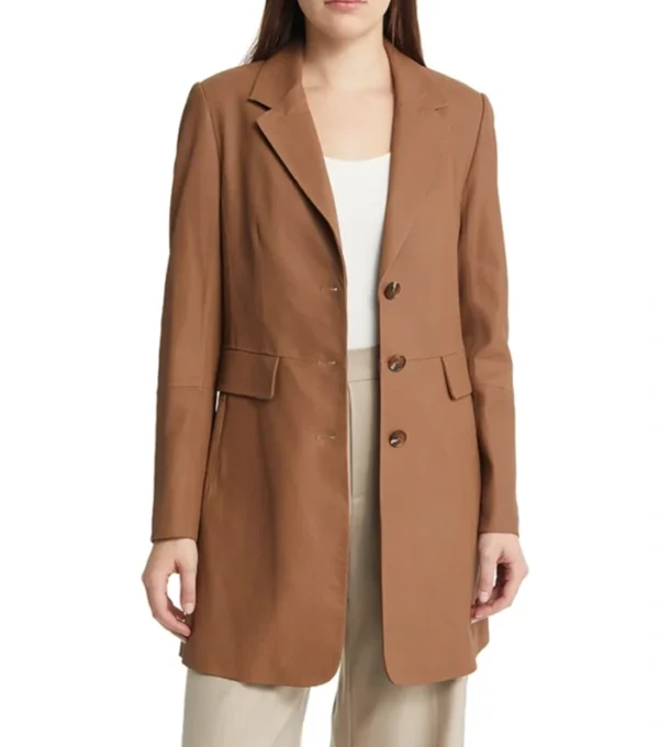 Michelle Brown Plain Leather Tan Brown Coat Open Front