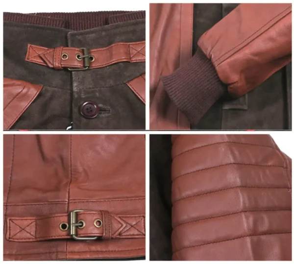 Millie mens genuine cow suede leather fencing jacket in tan closeup