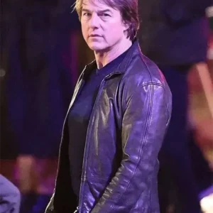 Mission Impossible 8 Tom Cruise Black Leather Jacket Side Pose