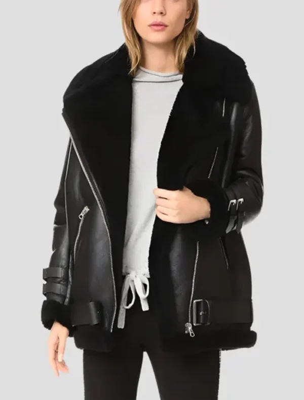 Mitchell Black Shearling Real Leather Biker Jacket
