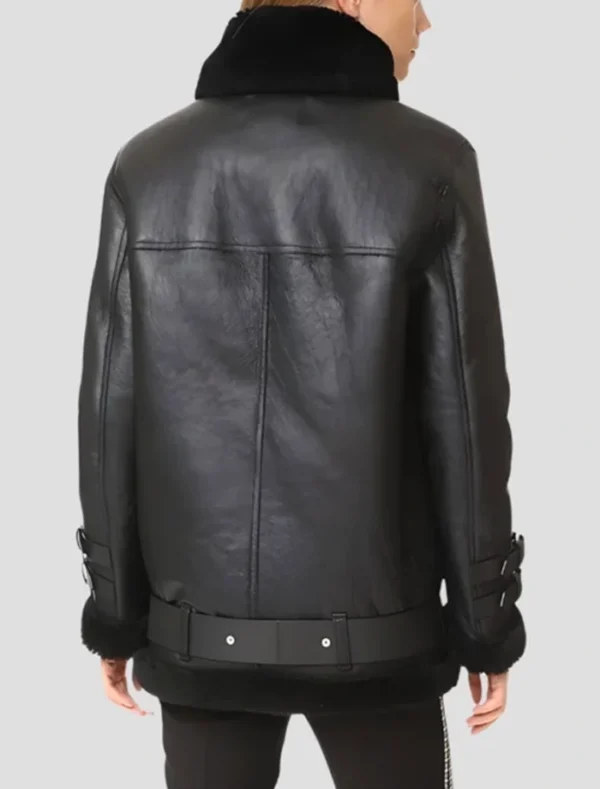 Mitchell Black Shearling Real Leather Biker Jacket Back