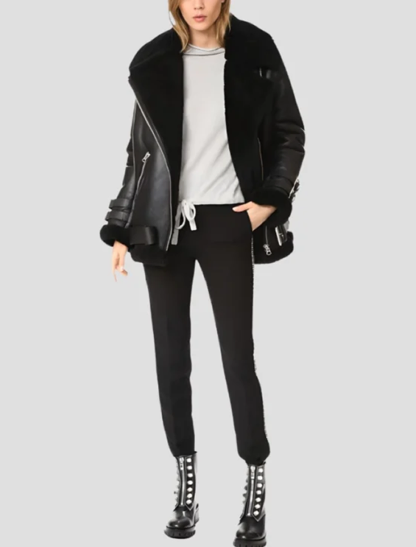 Mitchell Black Shearling Real Leather Biker Jacket Open Front