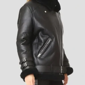 Mitchell Black Shearling Real Leather Biker Jacket Side View