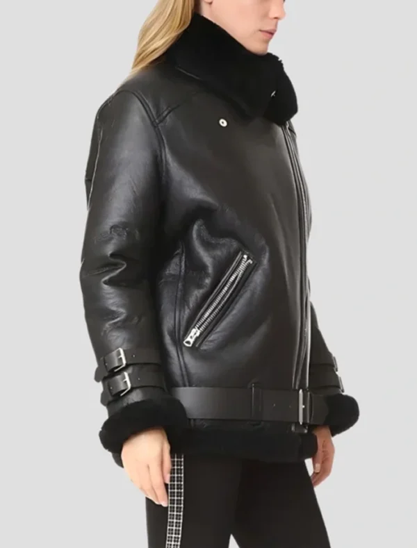 Mitchell Black Shearling Real Leather Biker Jacket Side View