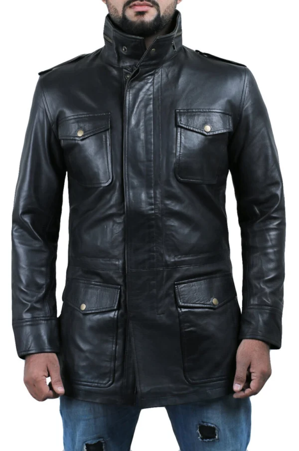Myla Stand collar Long Leather Coat