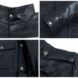 Myla Stand collar Long Leather Coat Closeup
