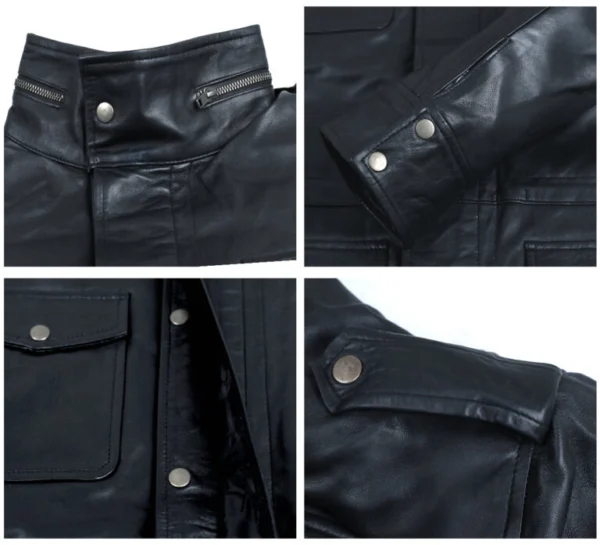 Myla Stand collar Long Leather Coat Closeup