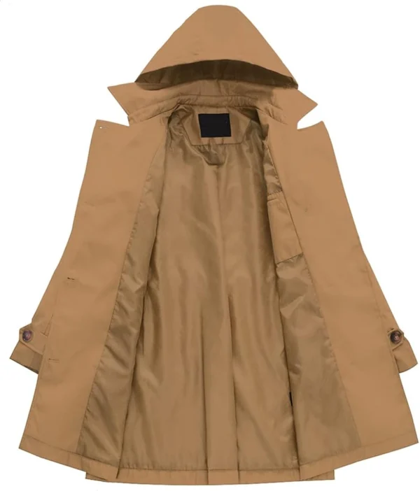 Naima Detachable Hood Camel Long Cotton Trench Coat Open Front
