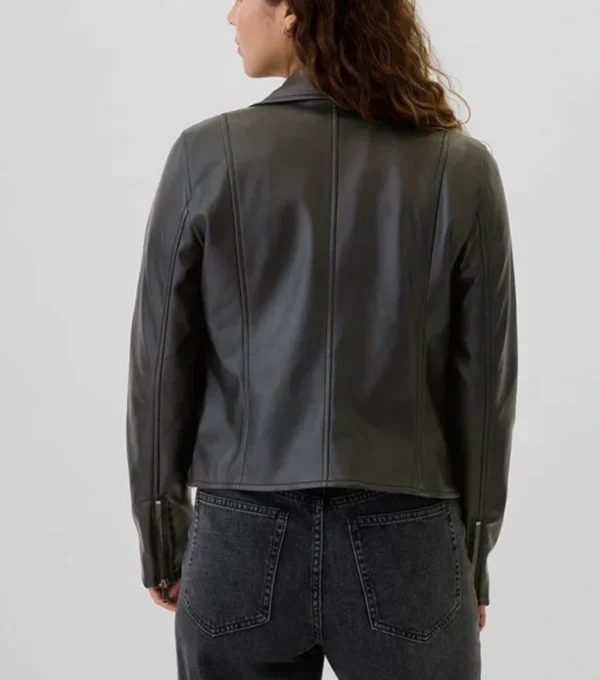 Navada Simple Black Biker Leather Jacket Back