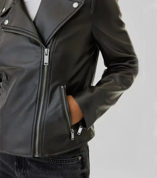 Navada Simple Black Biker Leather Jacket Closeup
