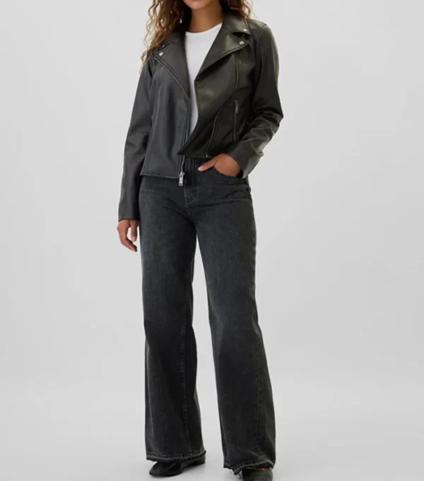 Navada Simple Black Biker Leather Jacket Front