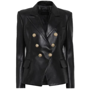 Nelly Double Breasted Bold Style Black Leather Blazer