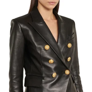 Nelly Double Breasted Bold Style Black Leather Blazer Front