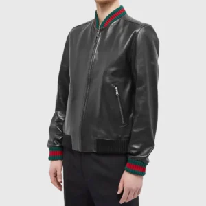 Neribel Leather Varsity Bomber Black Leather Jacket Side View