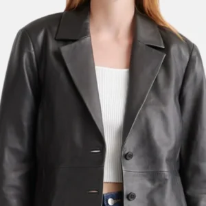 Nesha Chic Look Black Leather Trench Coat Closeup