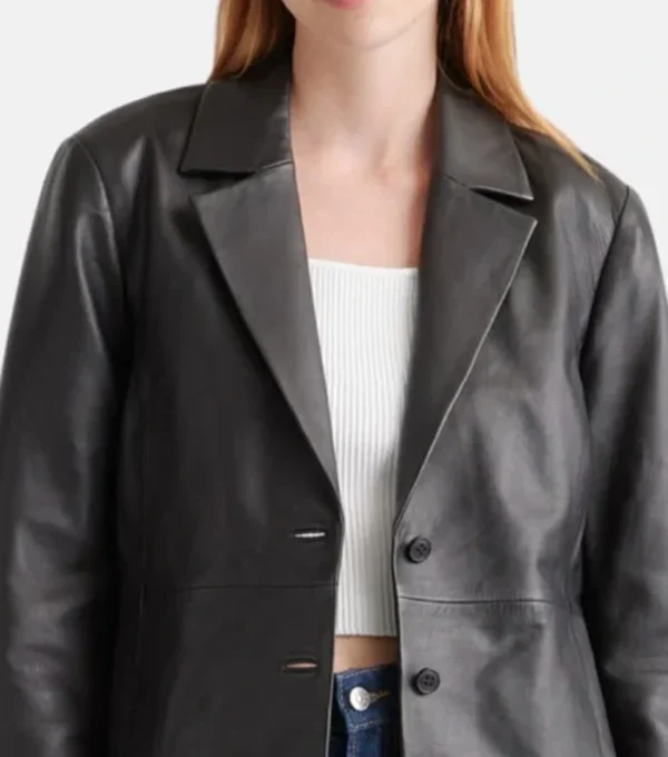 Nesha Chic Look Black Leather Trench Coat Closeup
