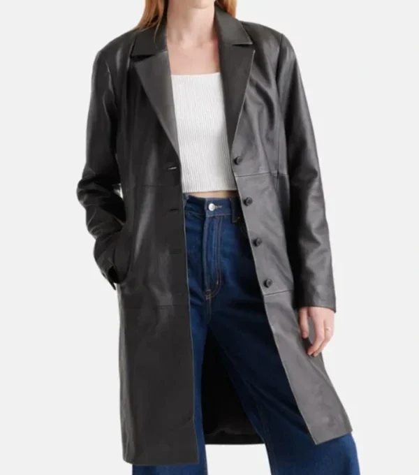 Nesha Chic Look Black Leather Trench Coat Front
