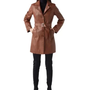 Nikolai Sleek Fit Brown Leather Trench Coat Front