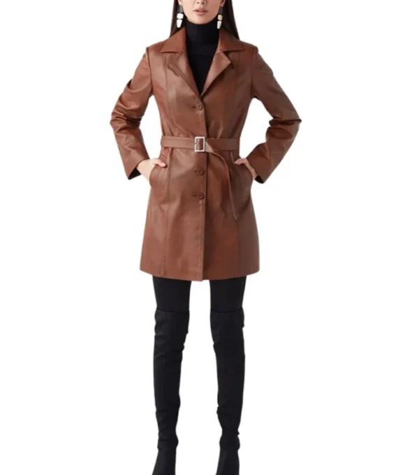 Nikolai Sleek Fit Brown Leather Trench Coat Front