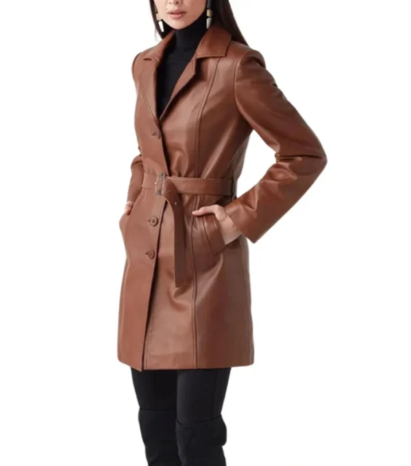 Nikolai Sleek Fit Brown Leather Trench Coat Left Side