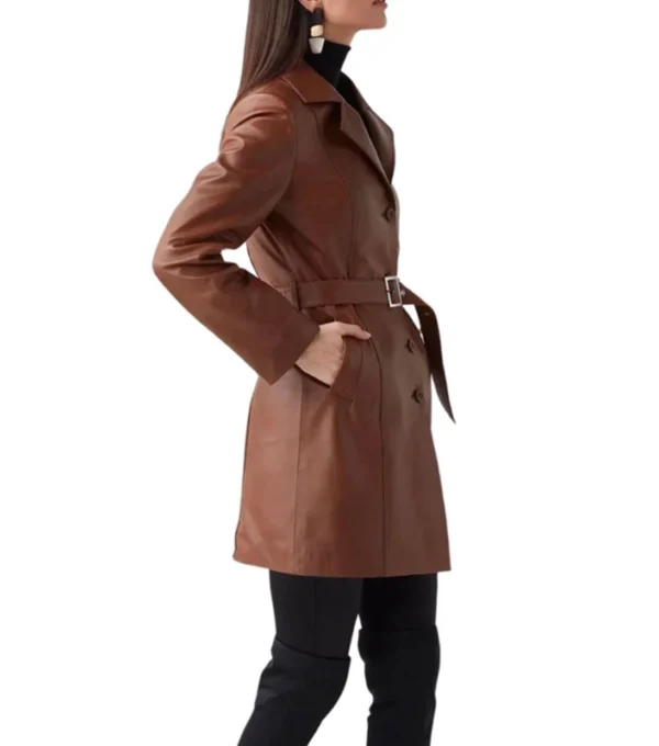 Nikolai Sleek Fit Brown Leather Trench Coat Side View