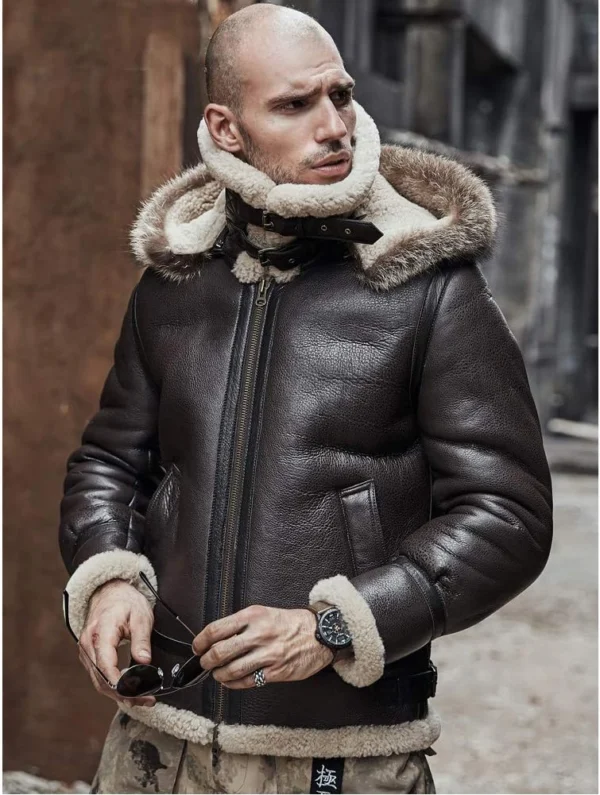 Noah Brown Hooded Aviator style Leather Jacket Front