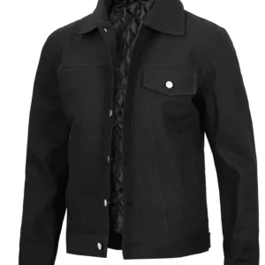 One Chest Pocket Black Cotton Trucker Jacket