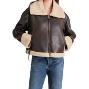 Paige Plain Brown Shearling Aviator Leather Jacket