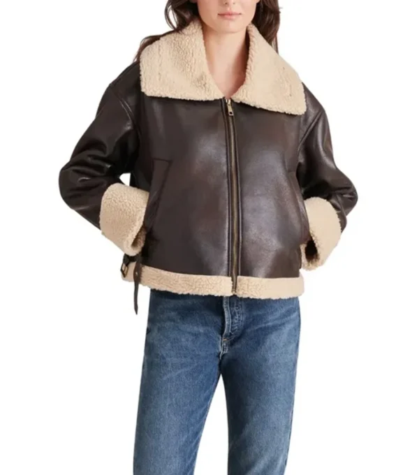 Paige Plain Brown Shearling Aviator Leather Jacket