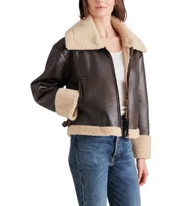 Paige Plain Brown Shearling Aviator Leather Jacket Front