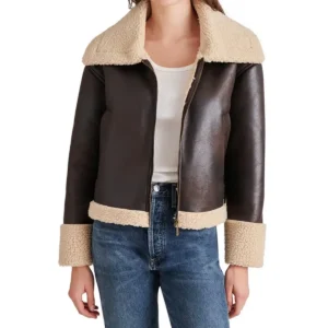 Paige Plain Brown Shearling Aviator Leather Jacket Open Front